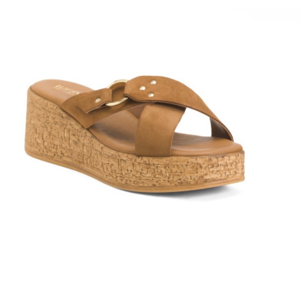 LOTTINI Made In Italy Suede Cross Band Wedge Sandals Gold Buckle NWOB Size 9